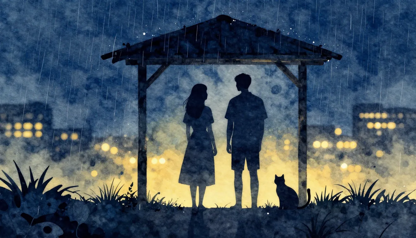 Watercolor style. A silhouette of a man and a woman standing...