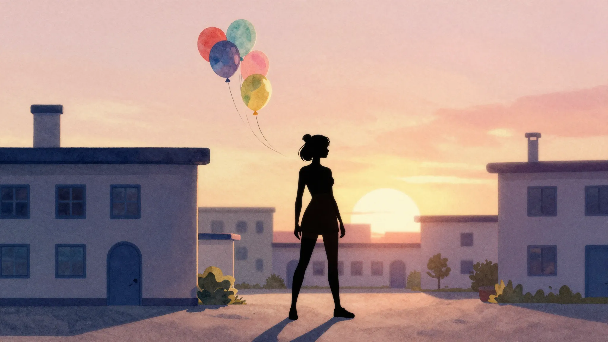 Watercolor style. Silhouette of a woman standing near a styl...