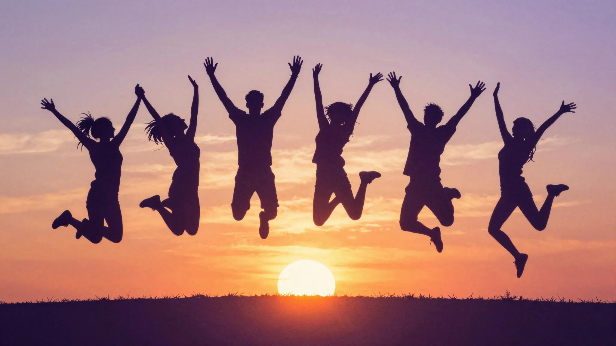 Watercolor style. Silhouette of happy figures jumping agains...