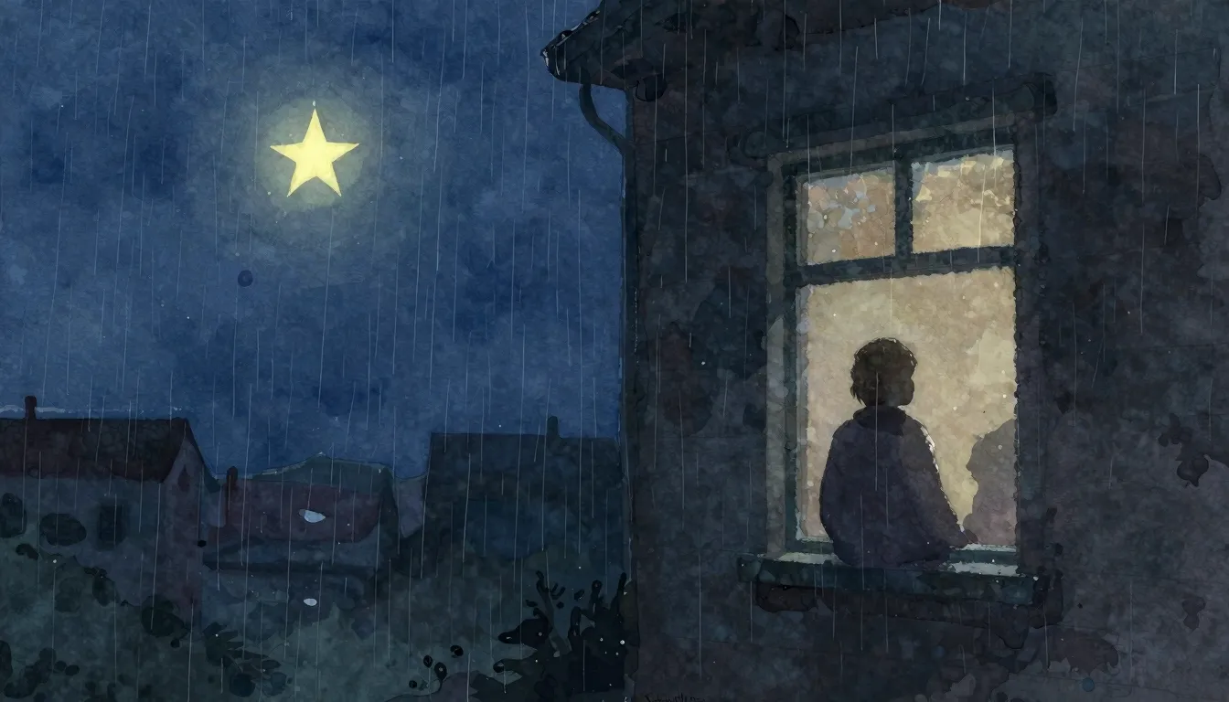 Vibrant watercolor style. Melancholic, rainy night, a single...