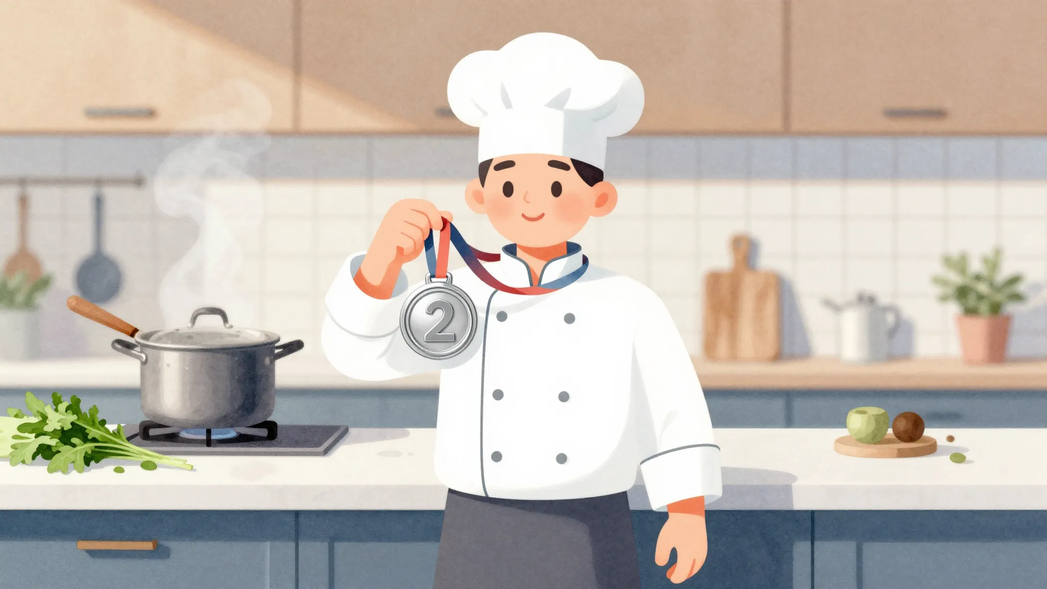 Watercolor style. A stylized silhouette of a chef holding a ...