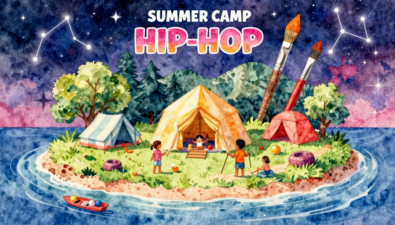 Vibrant watercolor style. Hip-hop album cover: vibrant summe...
