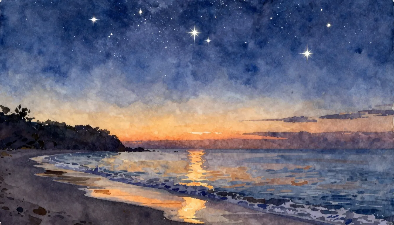 Watercolor style. A serene seascape at sunset, silhouette of...