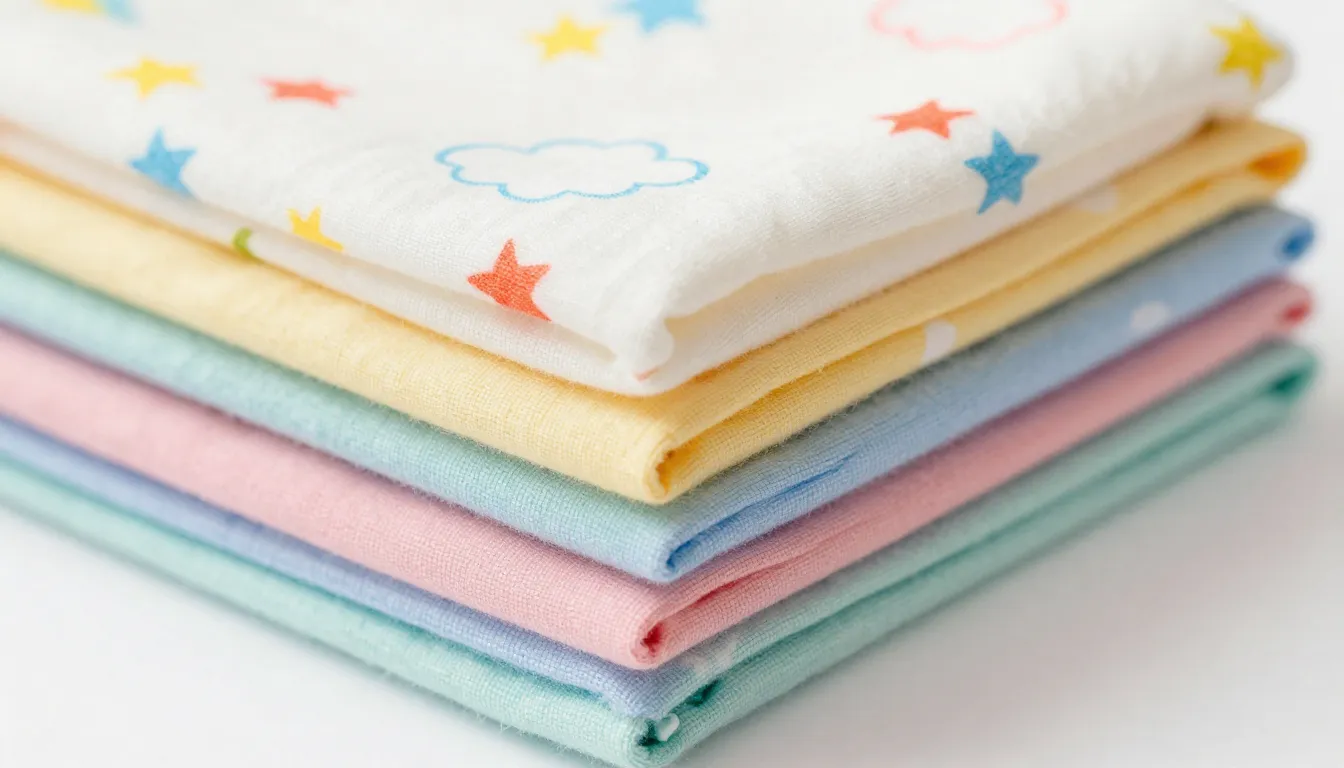 Watercolor style. Stack of folded colorful cotton baby fabri...