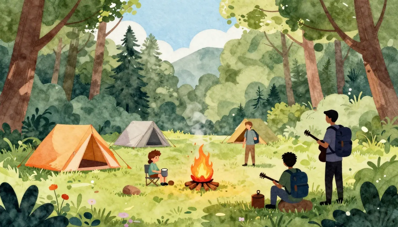 Watercolor style. A bright forest clearing with colorful ten...