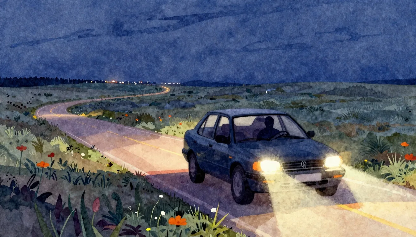 Vibrant watercolor style. A car driving through a steppe lan...