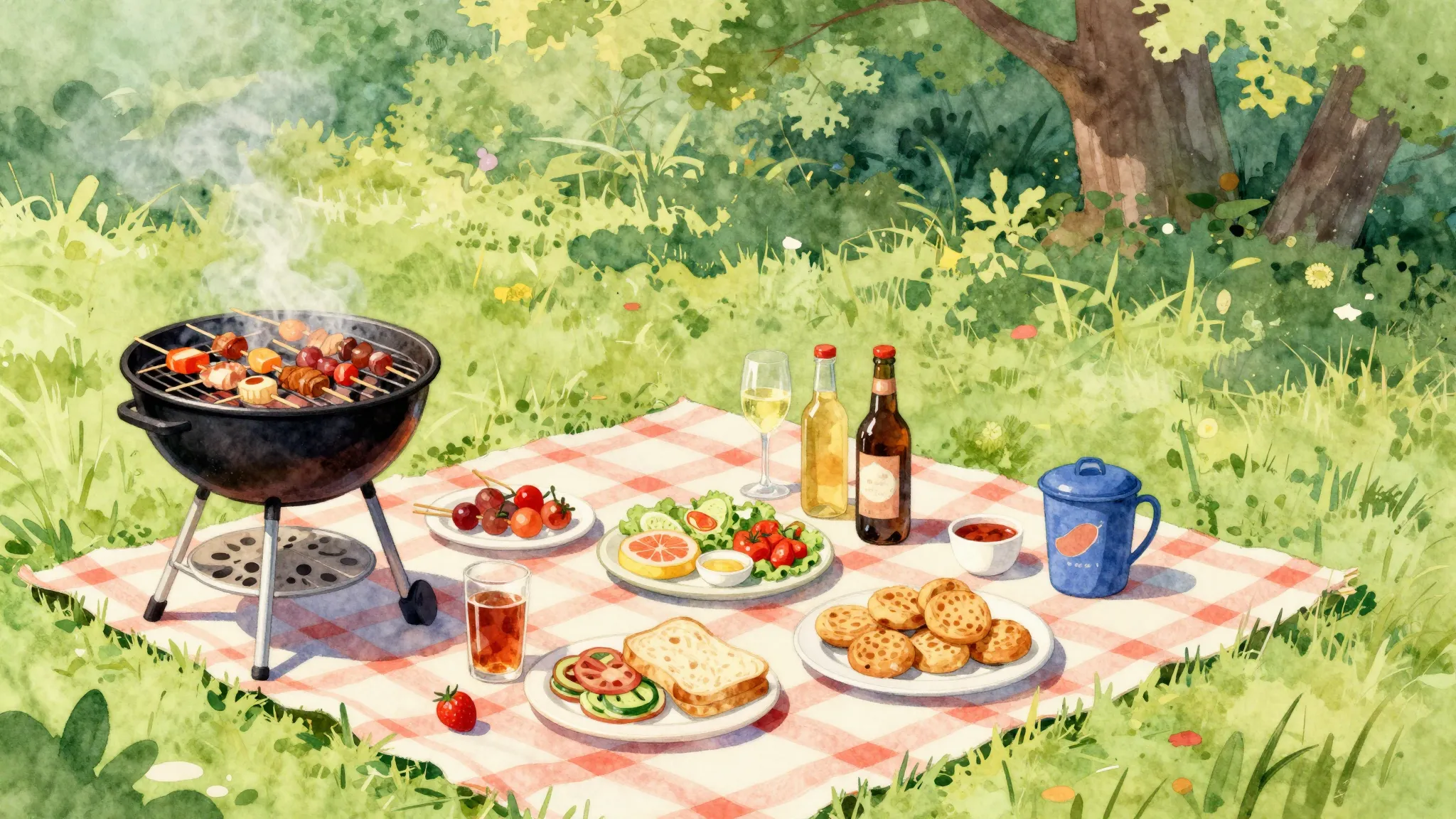 Vibrant watercolor style. Vibrant, joyful picnic scene with ...