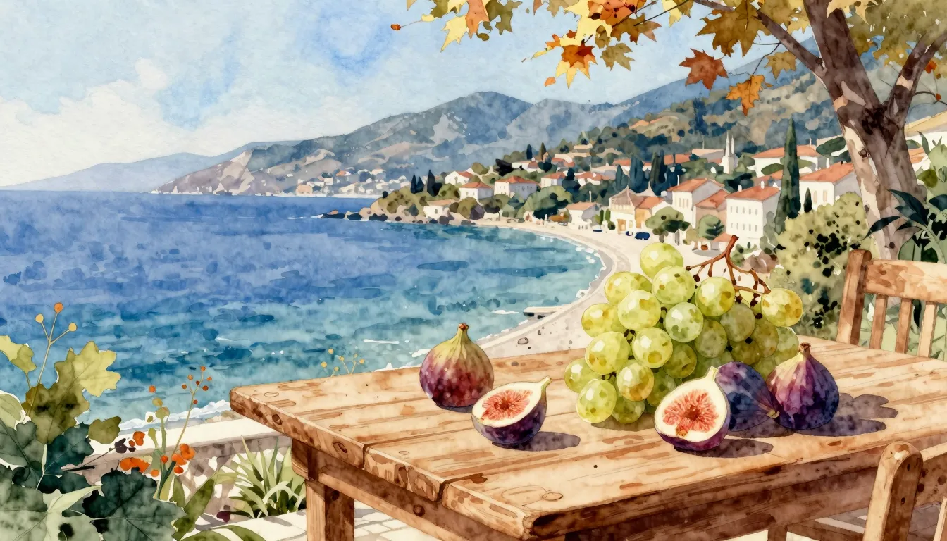 Watercolor style. A scenic view of the Sochi coastline with ...