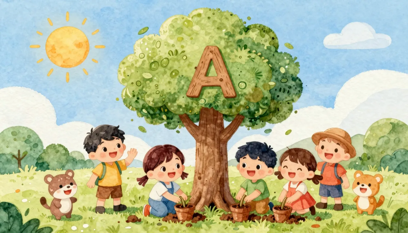 Watercolor style. A group of happy, diverse cartoon children...