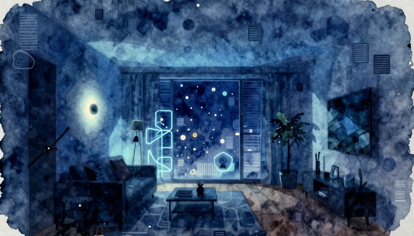 Watercolor style. Silhouette of a modern apartment interior ...