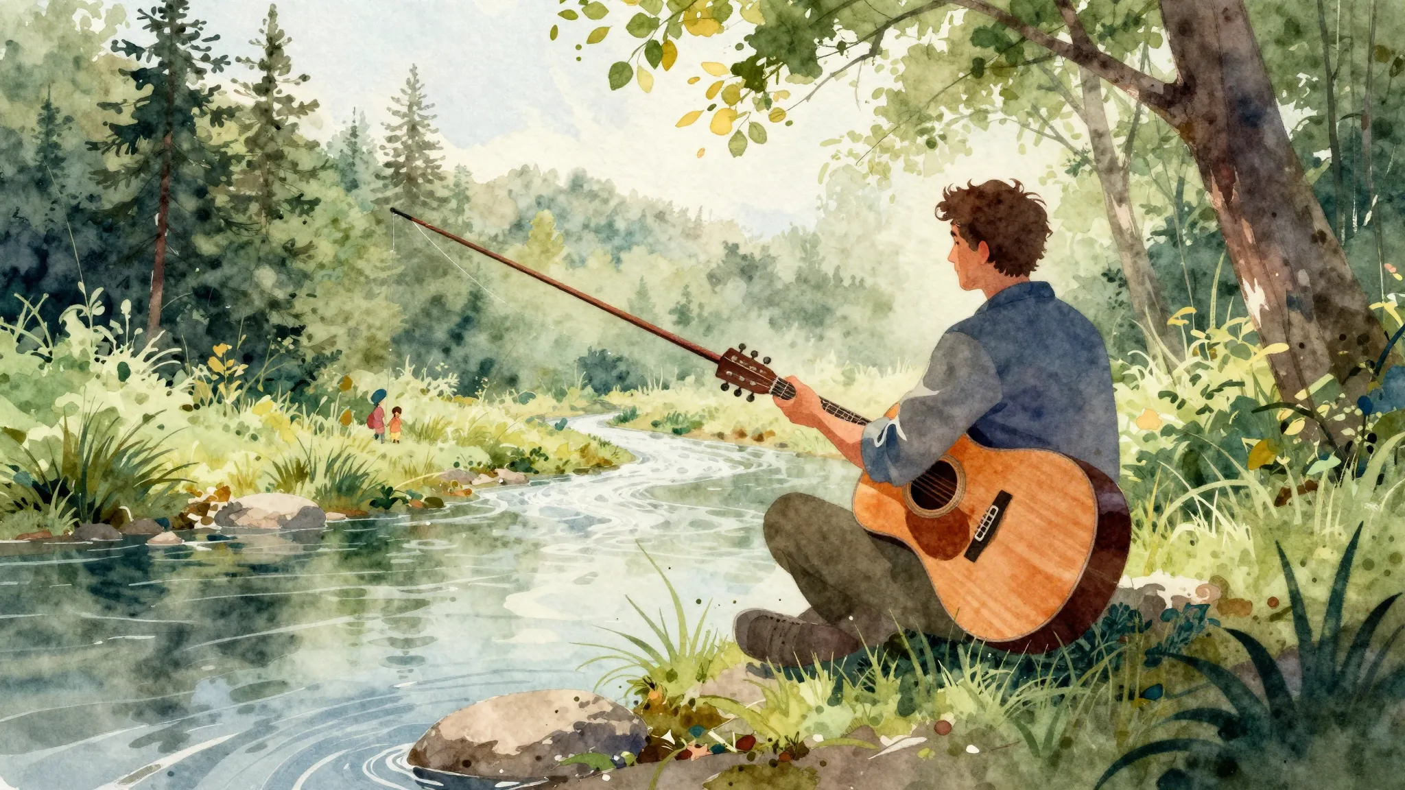 Vibrant watercolor style. Acoustic folk. Forest, river, fish...