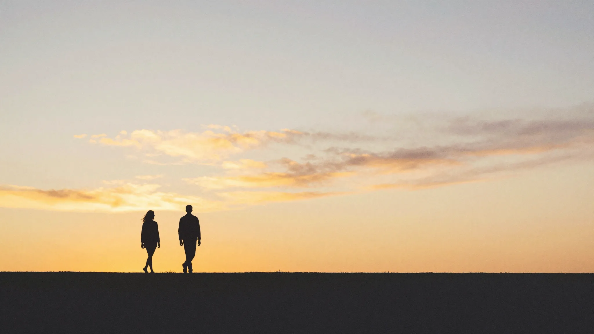 Watercolor style. Minimalist silhouette of two figures walki...