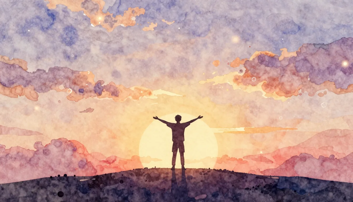 Watercolor style. A silhouette of a person standing on a hil...