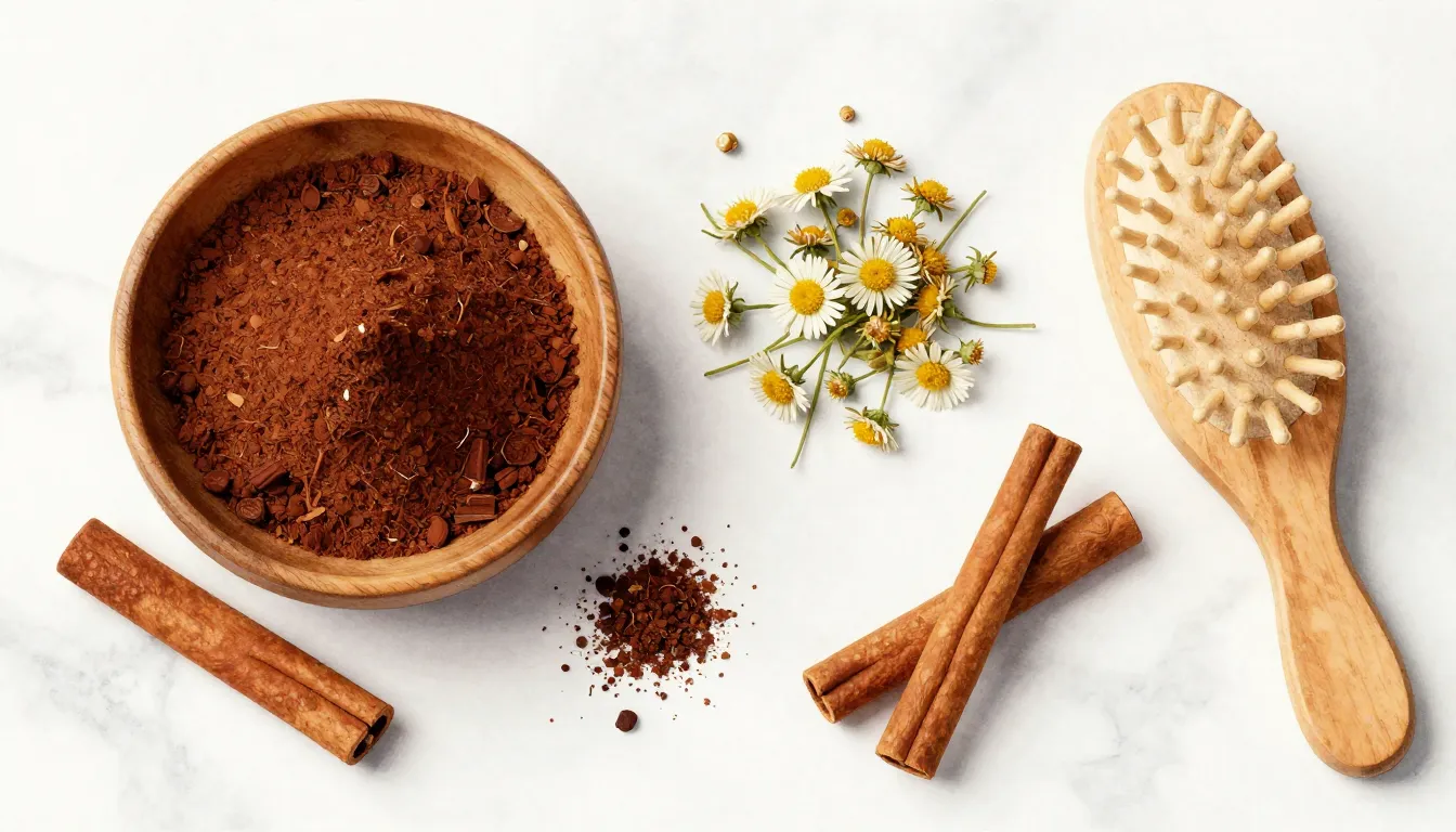 Watercolor style. A flat lay of natural hair dye ingredients...