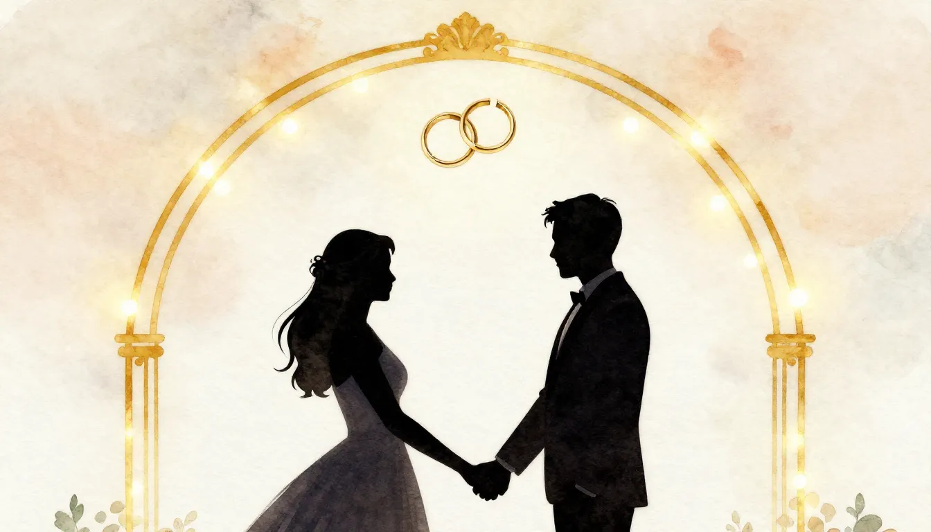 Watercolor style. Silhouettes of a couple holding hands unde...