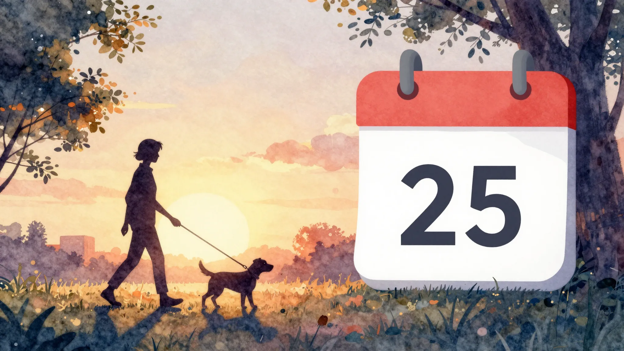 Watercolor style. A silhouette of a person walking a dog in ...