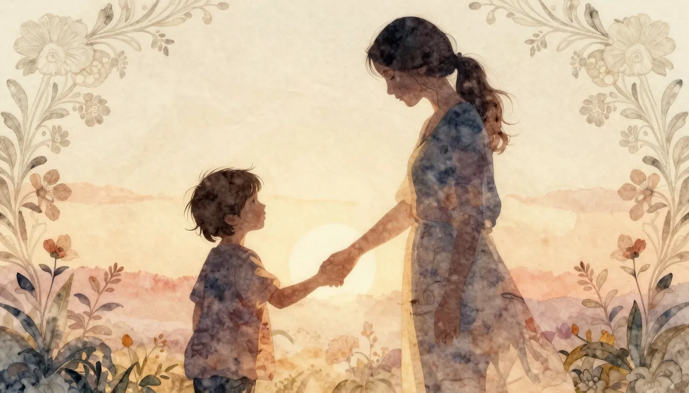 Watercolor style. A silhouette of a mother gently holding he...