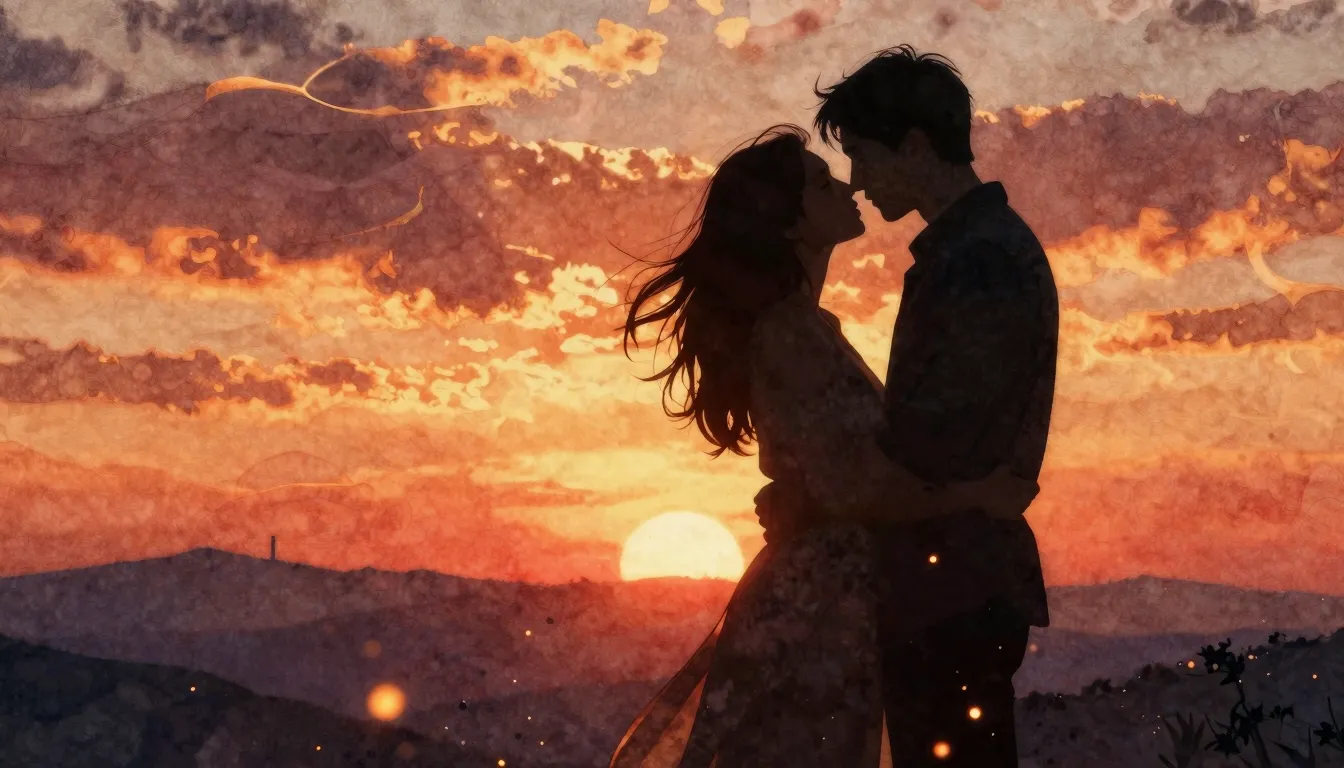 Watercolor style. Silhouette of a couple in a passionate emb...