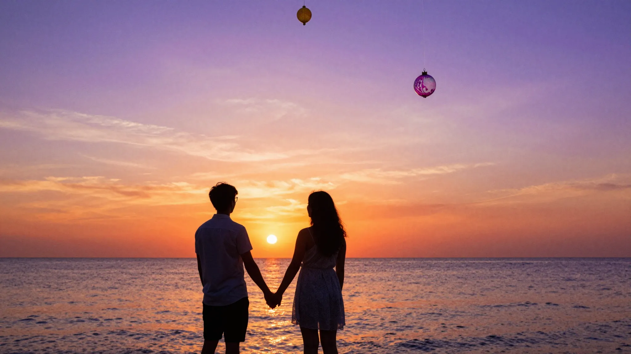 Watercolor style. Vibrant sunset over the Indian Ocean, silh...