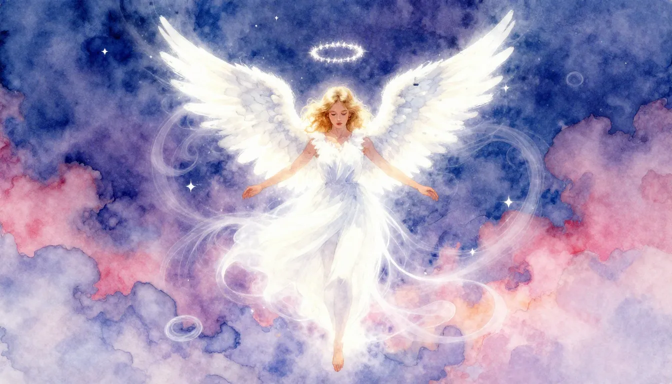 Vibrant watercolor style. Falling angel, white light, swirli...