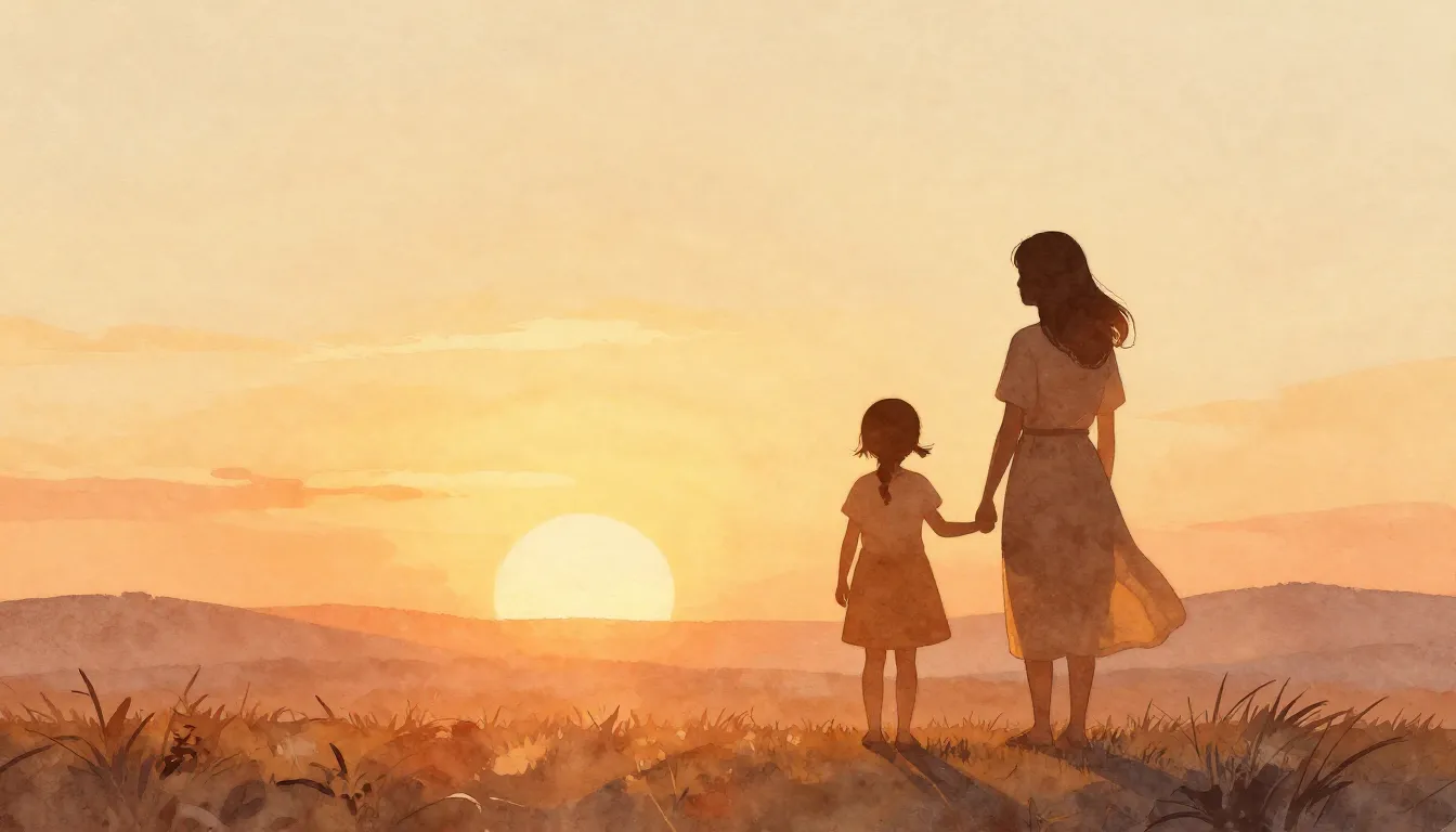 Watercolor style. Silhouette of a woman and a little girl ho...