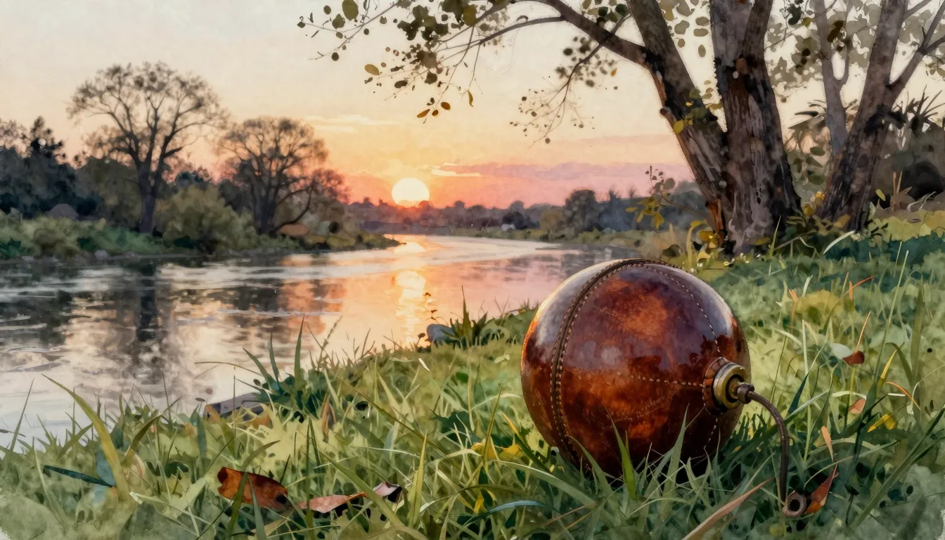 Watercolor style. A vintage leather ball lying on the green ...