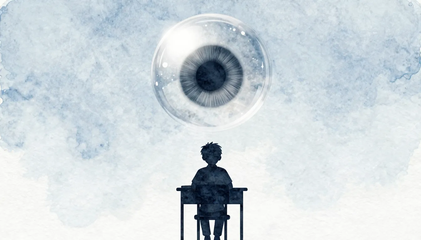 Watercolor style. A small silhouette of a boy sitting at a s...