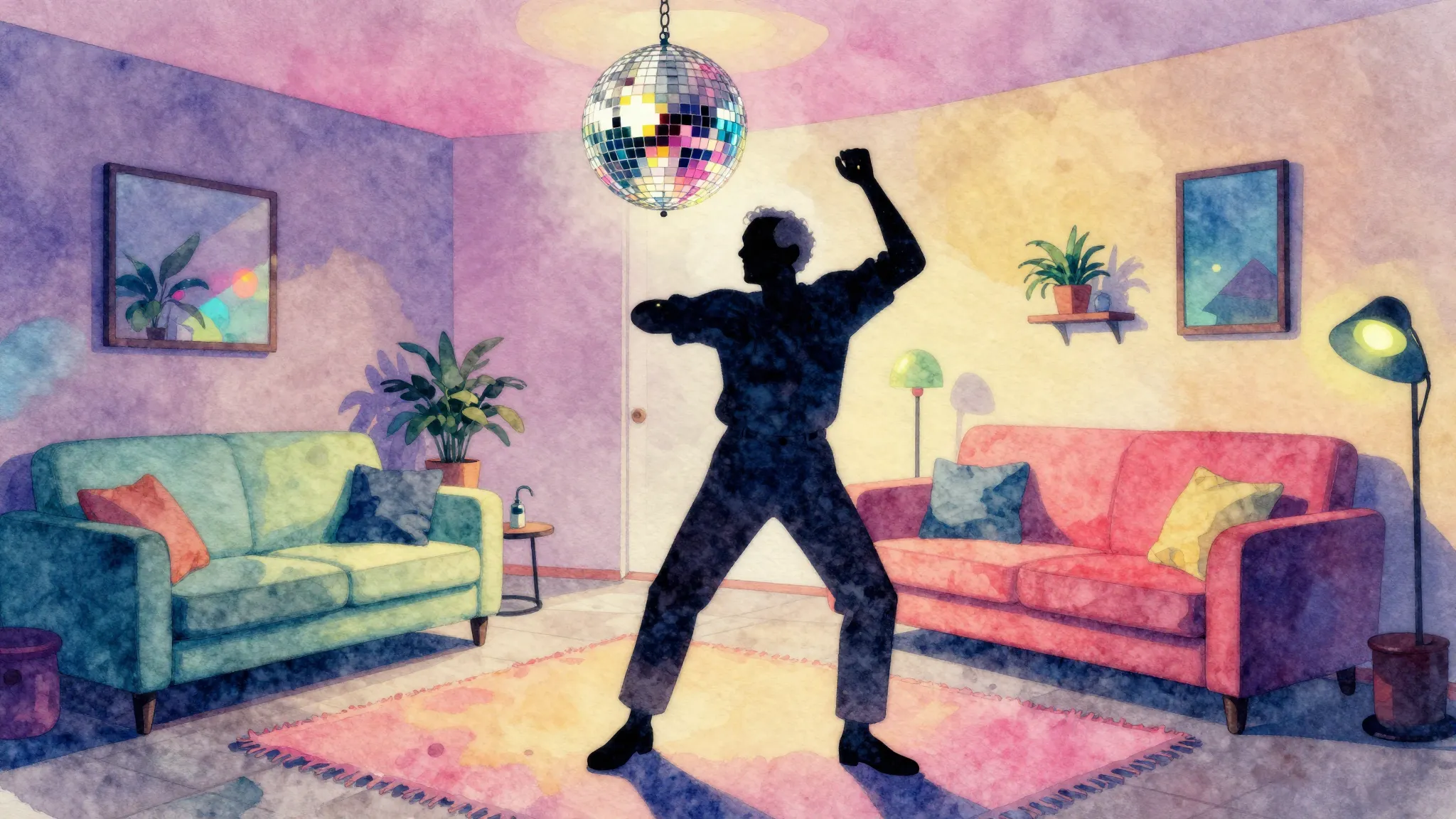 Watercolor style. A silhouette of an elderly person dancing ...