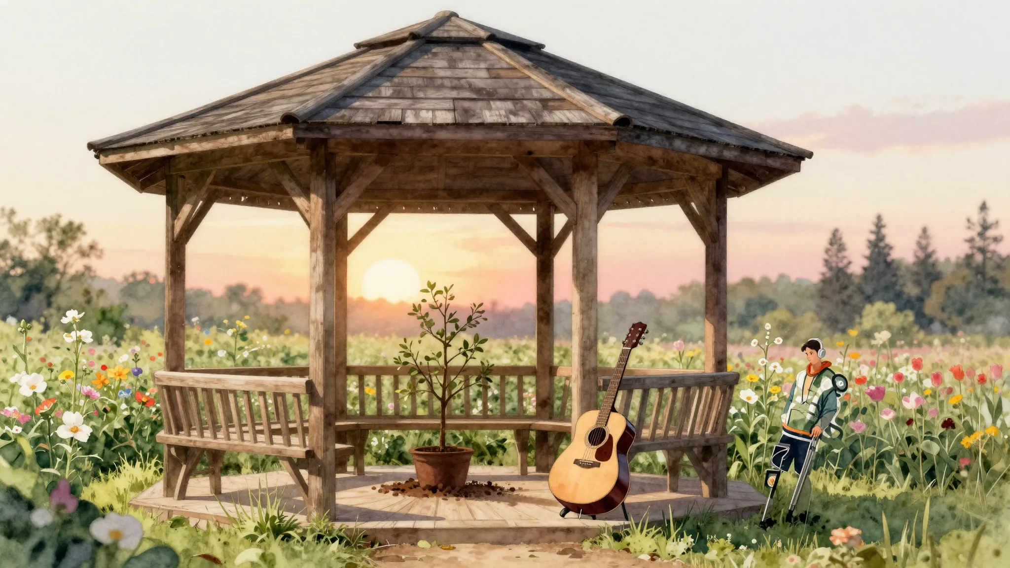 Watercolor style. A cozy wooden gazebo in a blooming garden,...