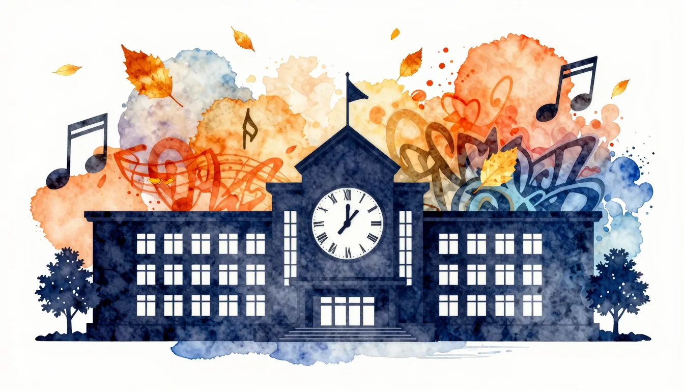 Watercolor style. A silhouette of a modern school building w...