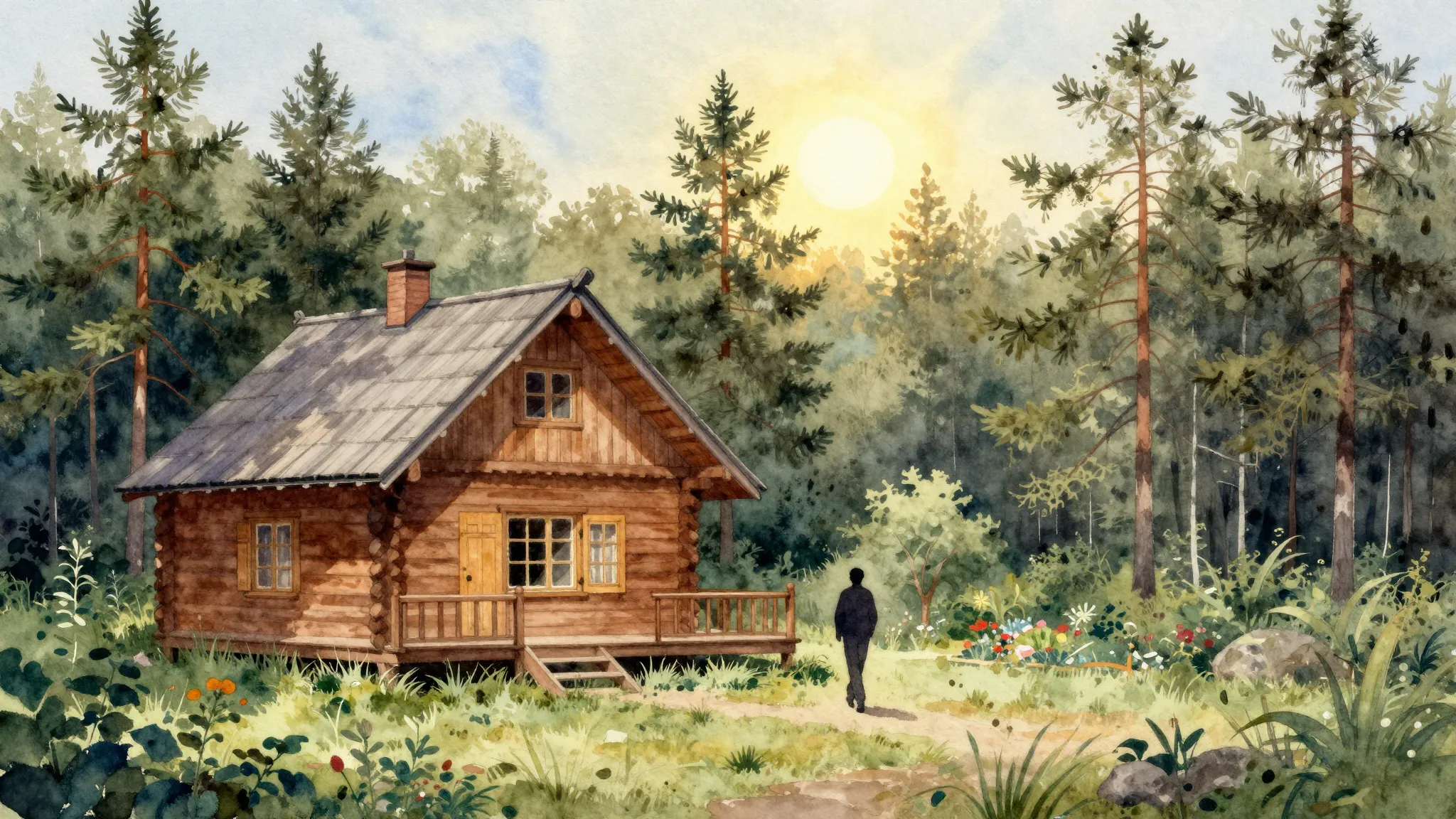 Watercolor style. A cozy wooden dacha surrounded by tall pin...