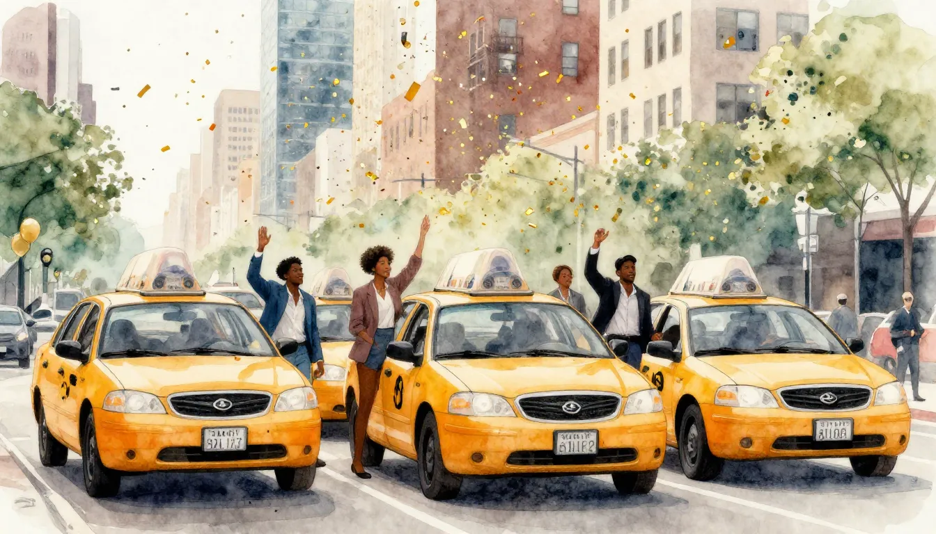 Watercolor style. Stylish taxi fleet, group of diverse Afric...
