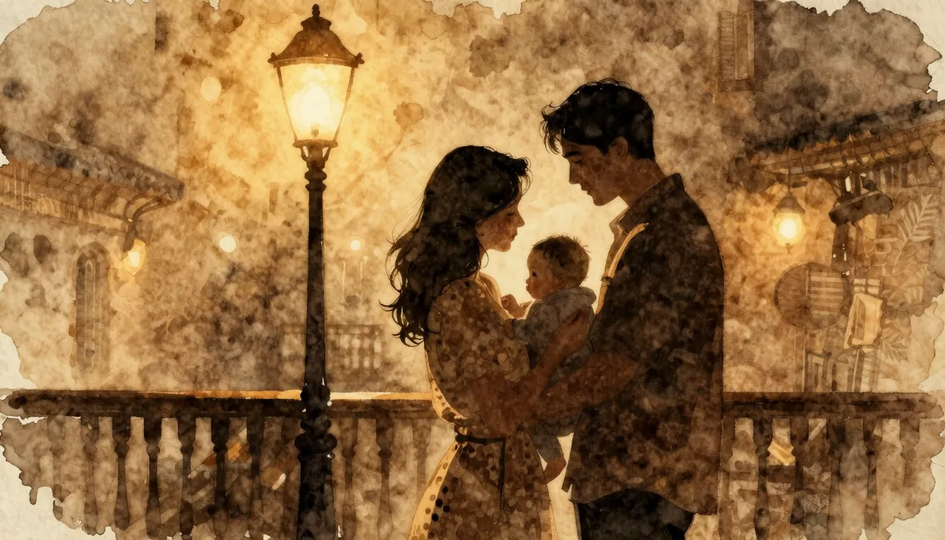 Watercolor style. A warm, cinematic silhouette of a couple h...