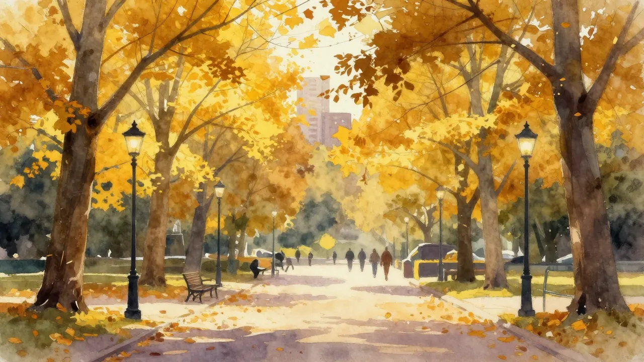 Watercolor style. Golden autumn landscape in a city park, ye...
