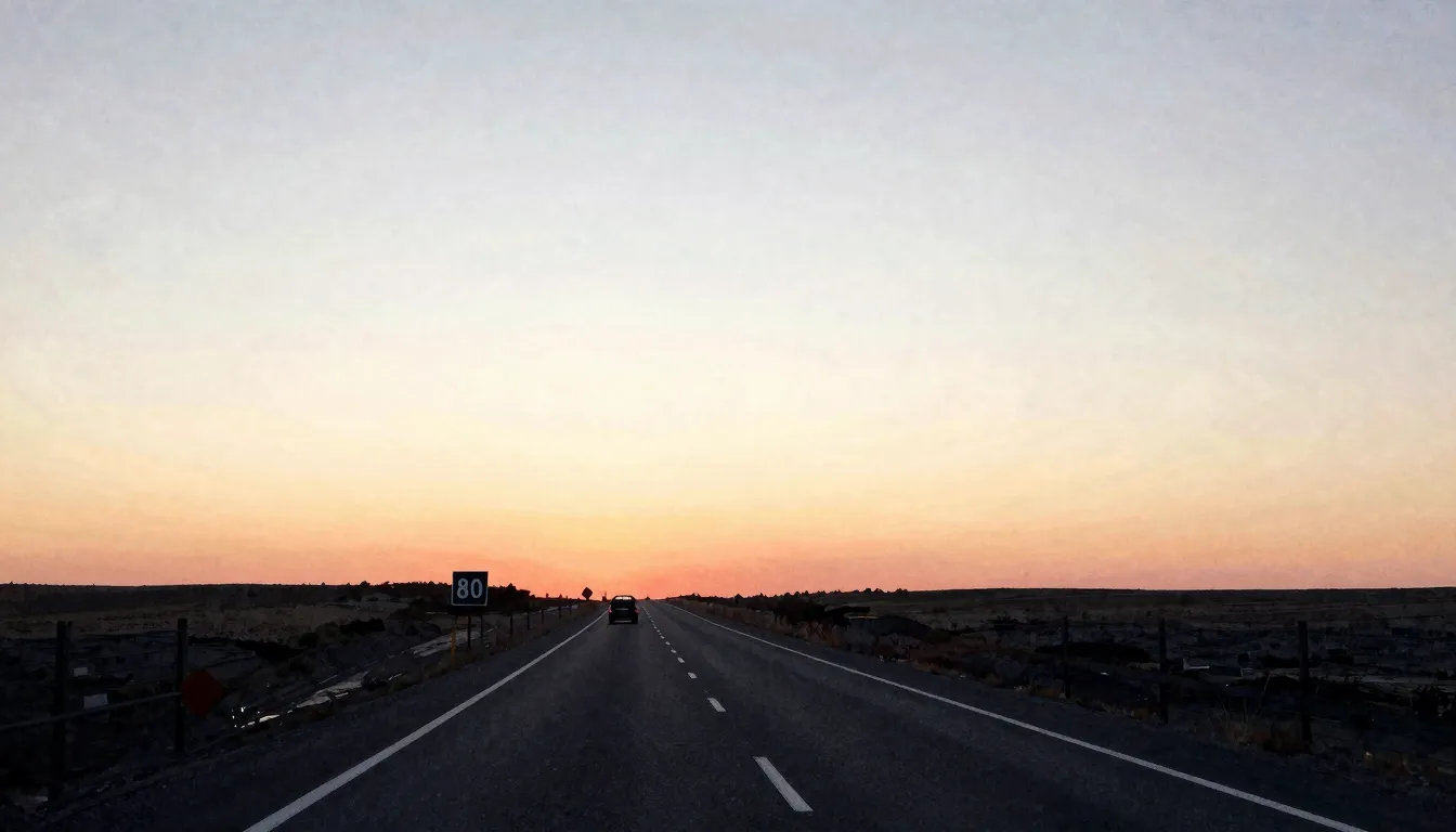 Watercolor style. A long straight highway stretching towards...