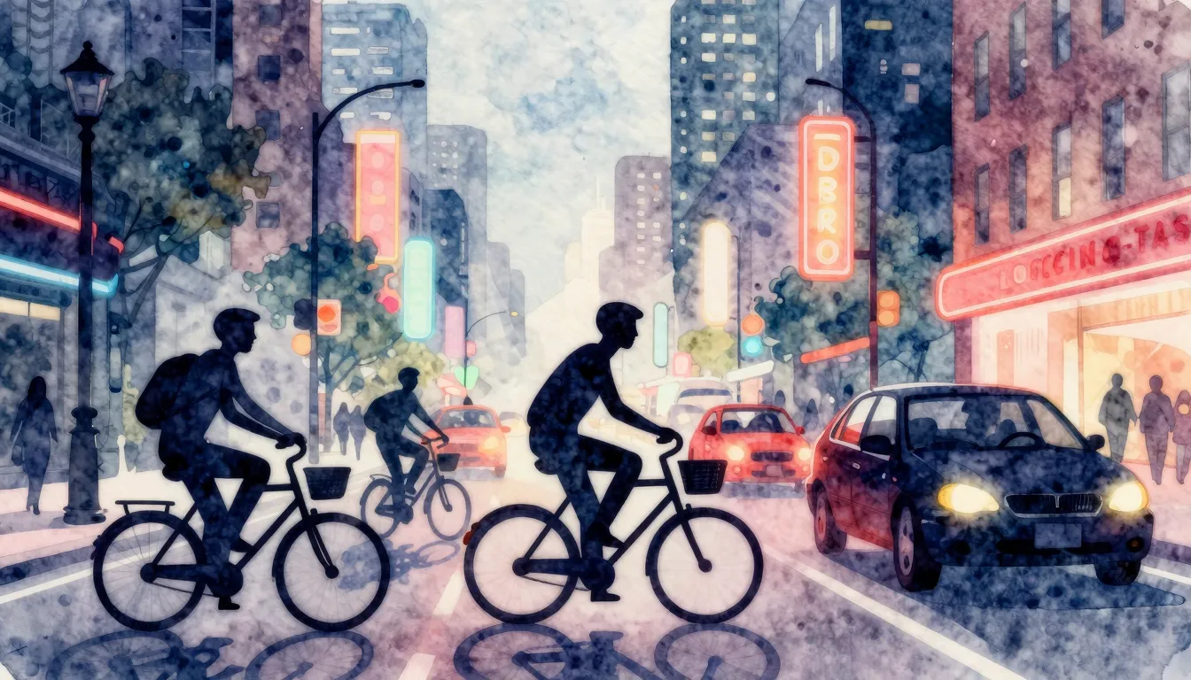 Watercolor style. Silhouette of a vibrant city street with s...