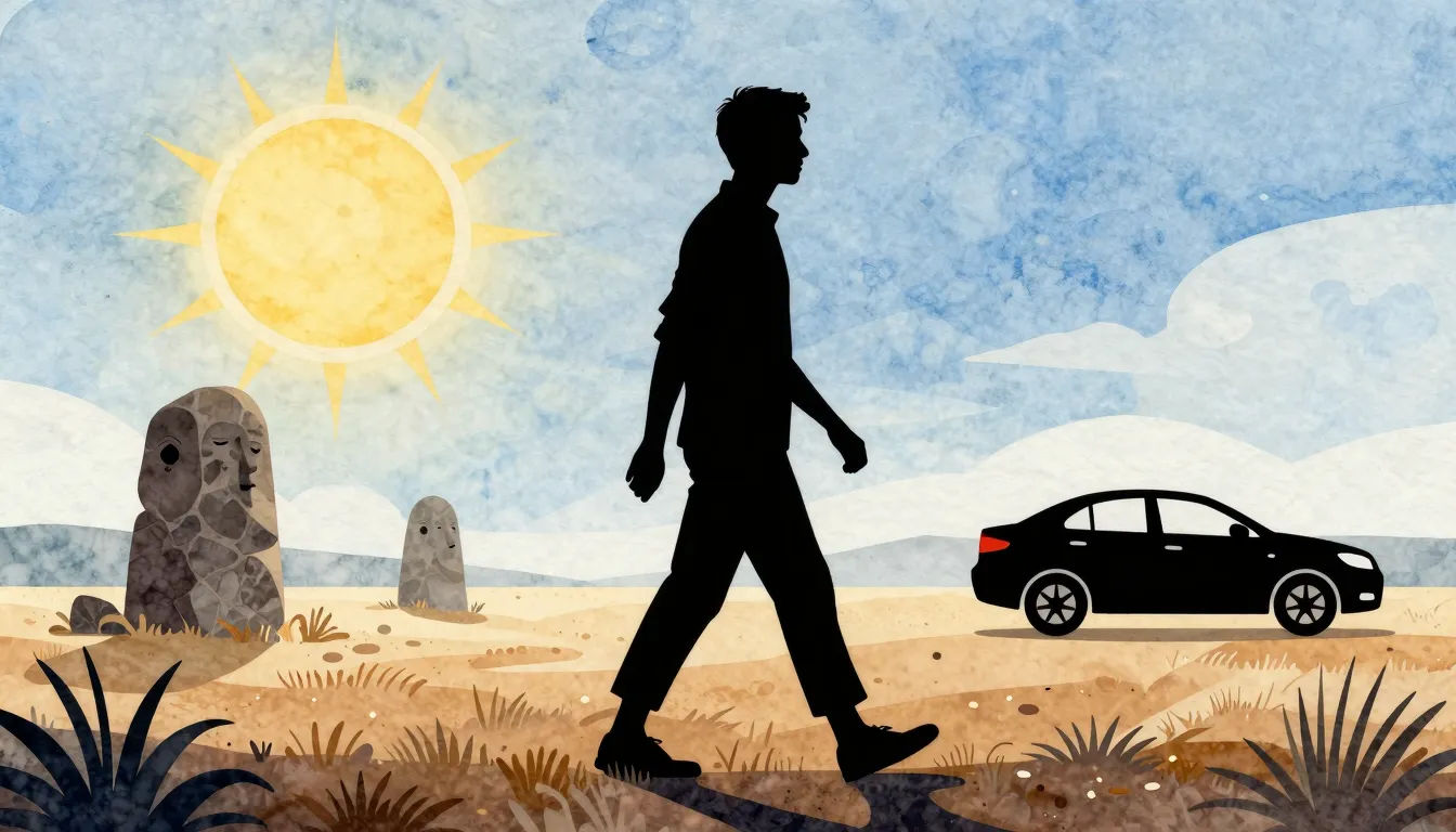 Watercolor style. Silhouette of a man walking in a vast empt...