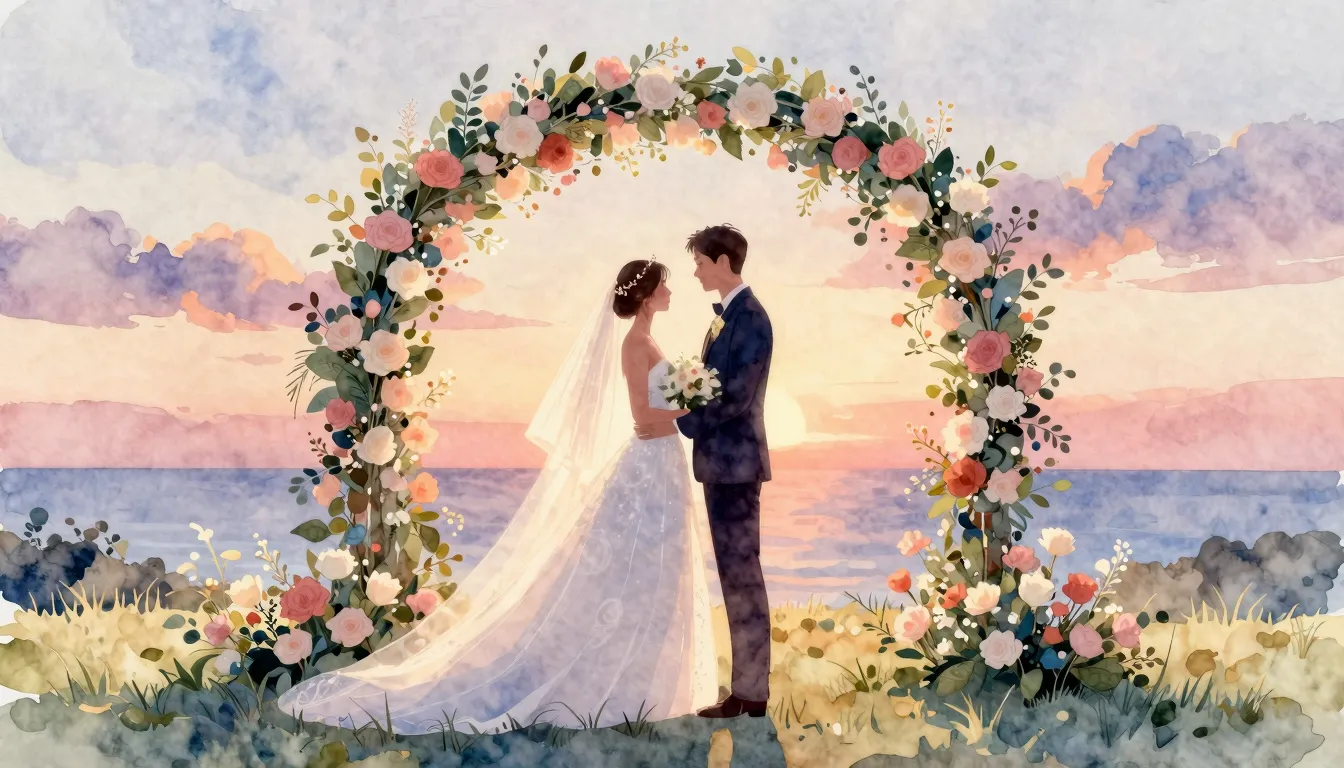 Watercolor style. A silhouette of a bride and groom standing...
