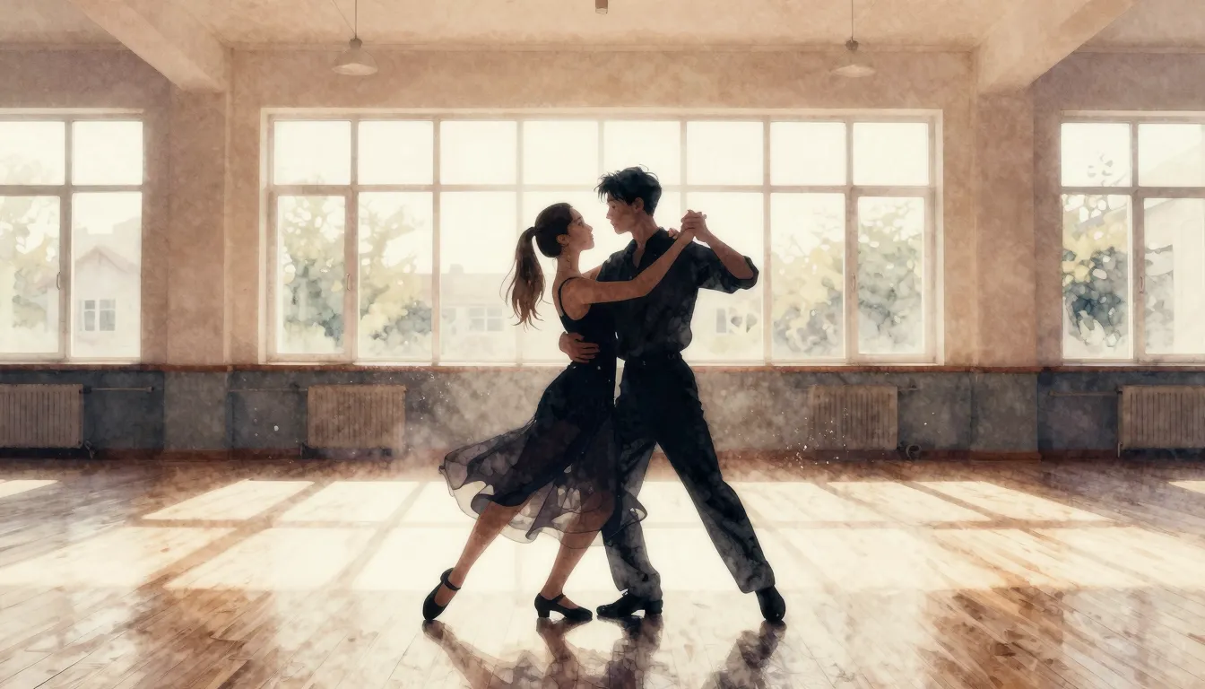Watercolor style. Silhouettes of a young couple dancing walt...
