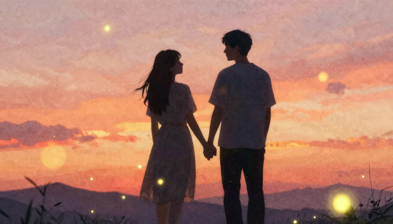 Watercolor style. A silhouette of a couple holding hands aga...