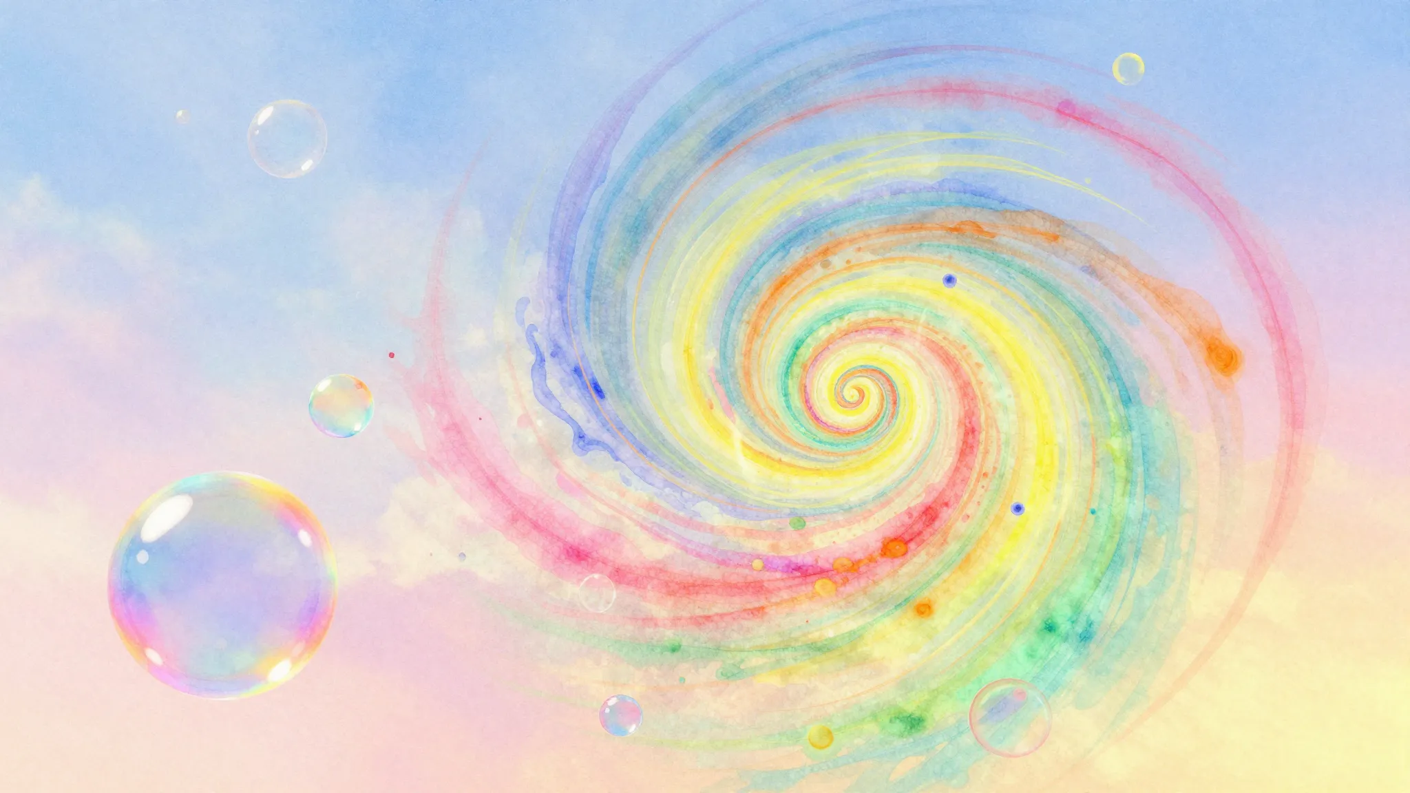 Watercolor style. Abstract colorful swirls and bubbles float...