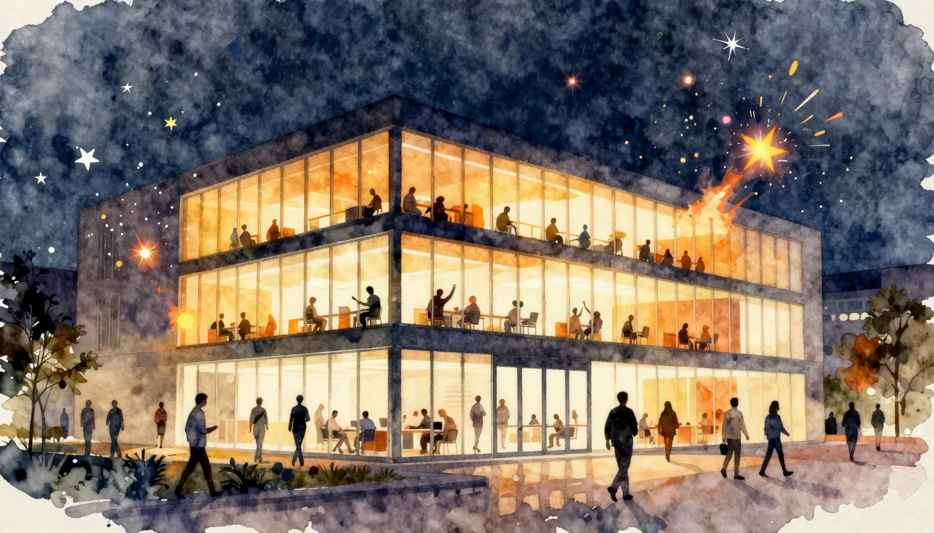 Watercolor style. A bright modern office building glowing wi...