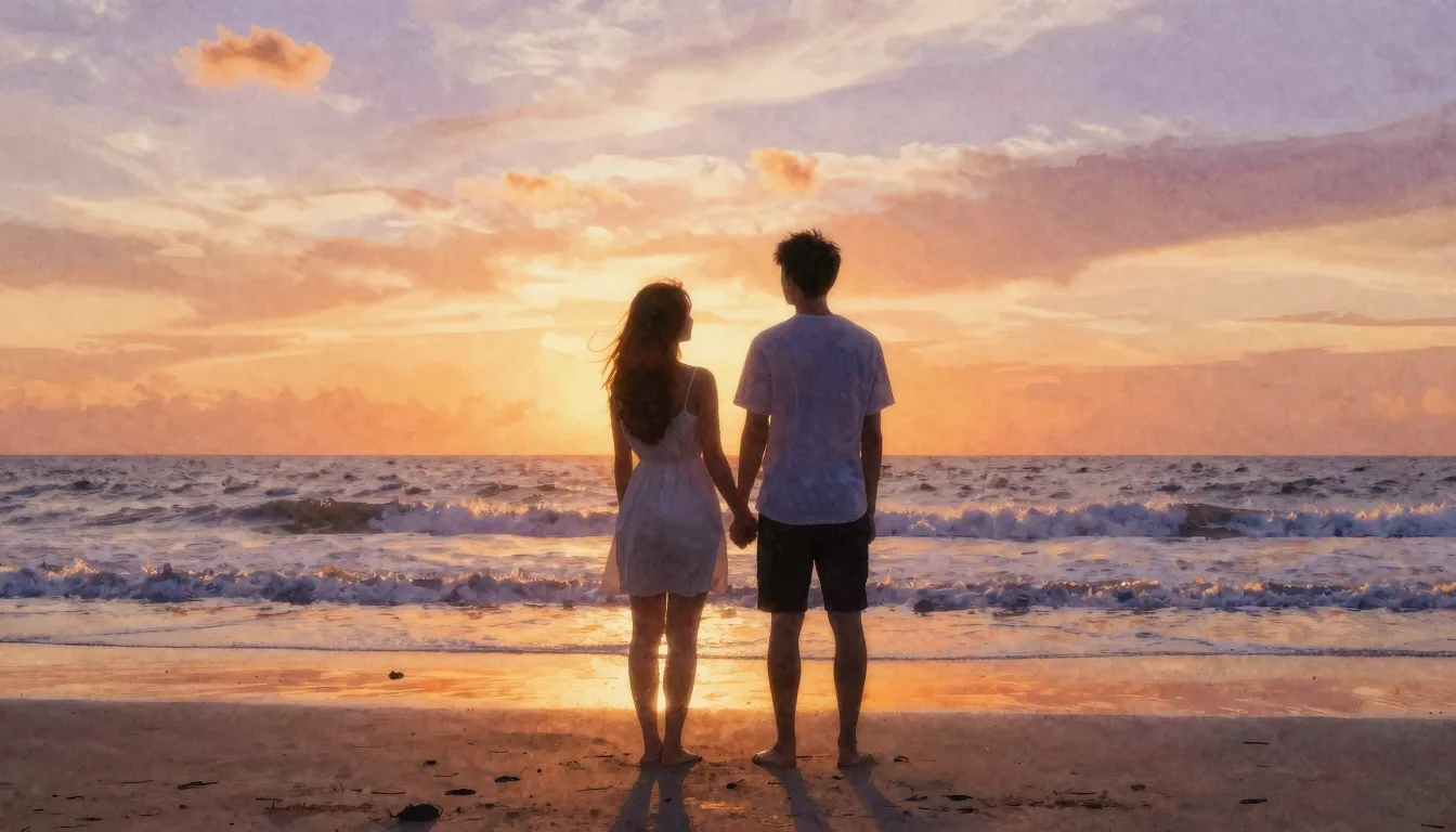 Watercolor style. A silhouette of a couple standing on a bea...