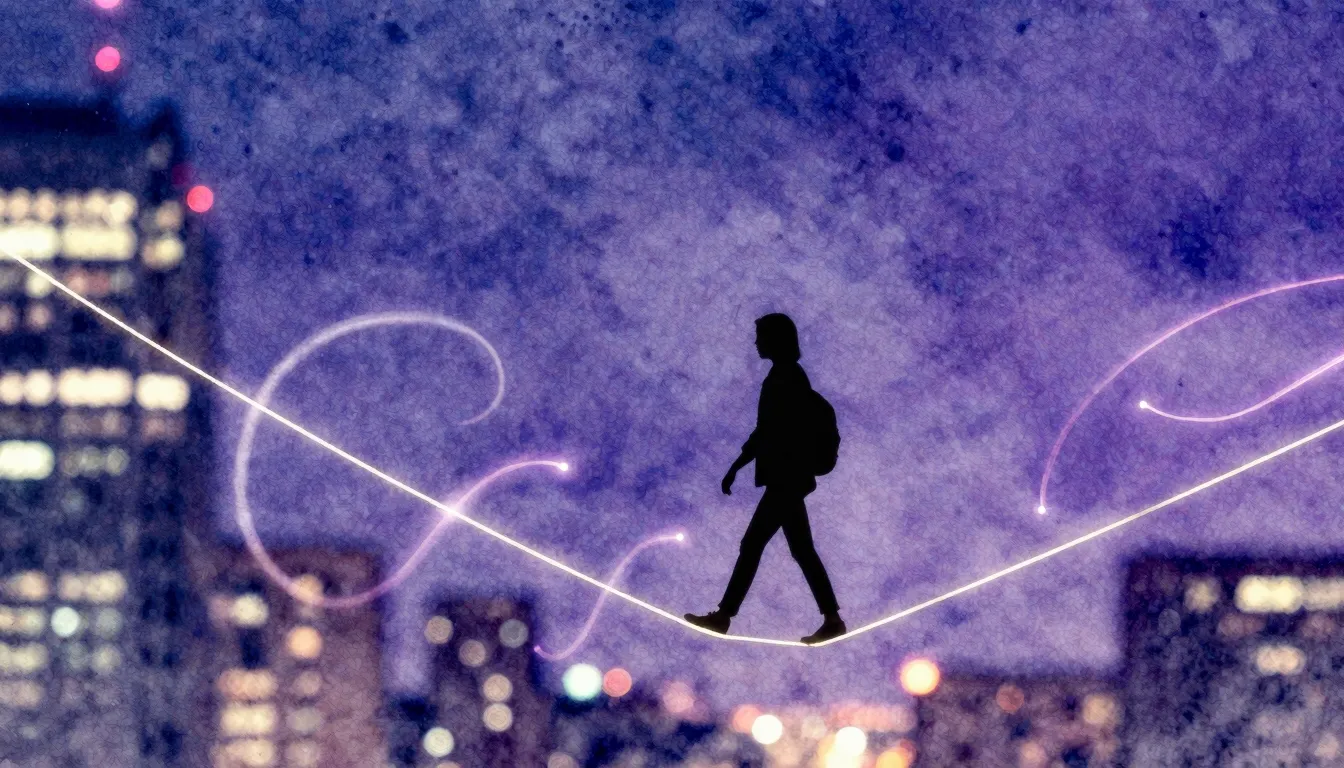 Watercolor style. A silhouette of a person walking on a glow...
