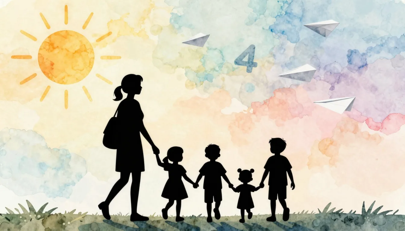 Watercolor style. Silhouette of a teacher holding hands with...
