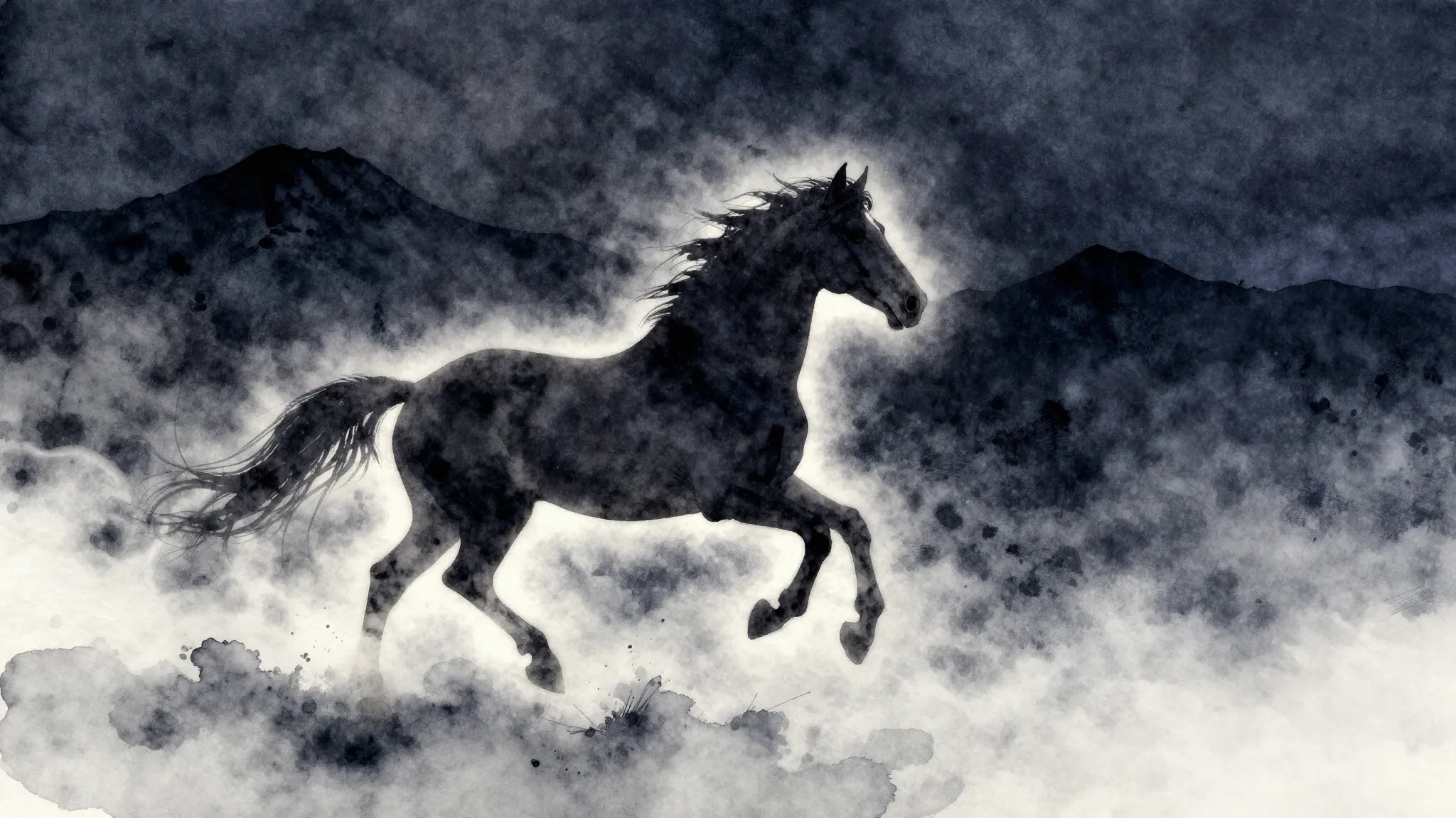 Watercolor style. Silhouette of a horse galloping through th...