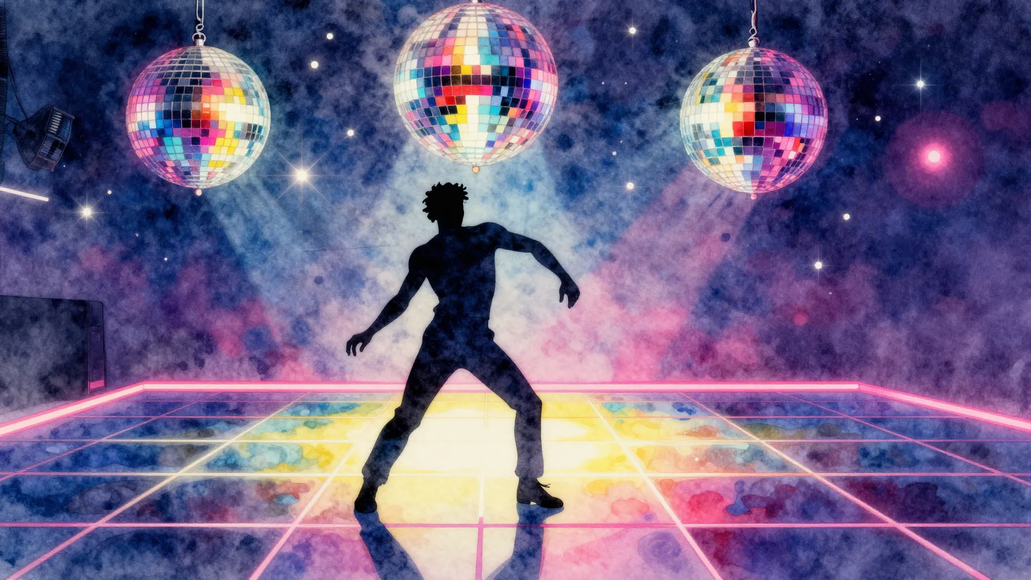 Watercolor style. A bright neon dance floor with a silhouett...