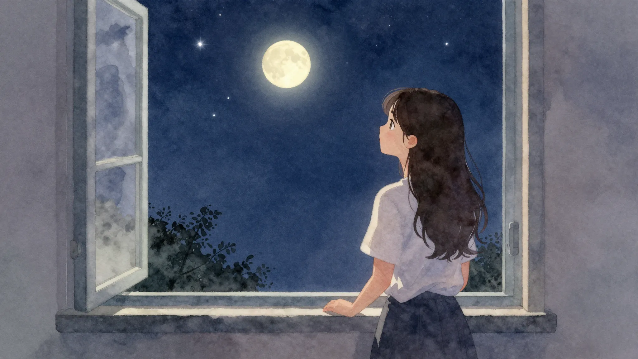 Watercolor style. A gentle silhouette of a young woman stand...