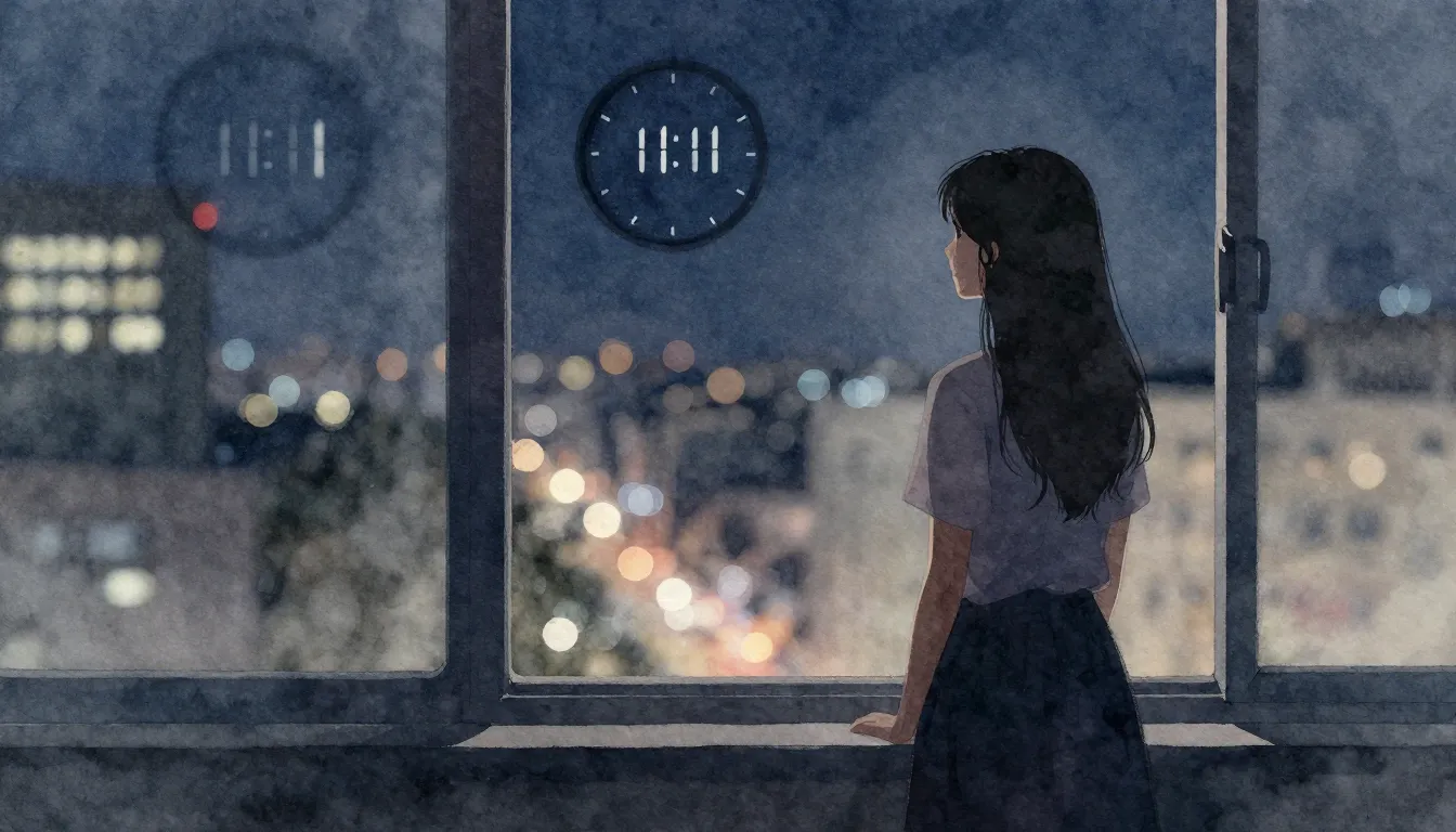 Watercolor style. A lonely silhouette of a woman standing by...