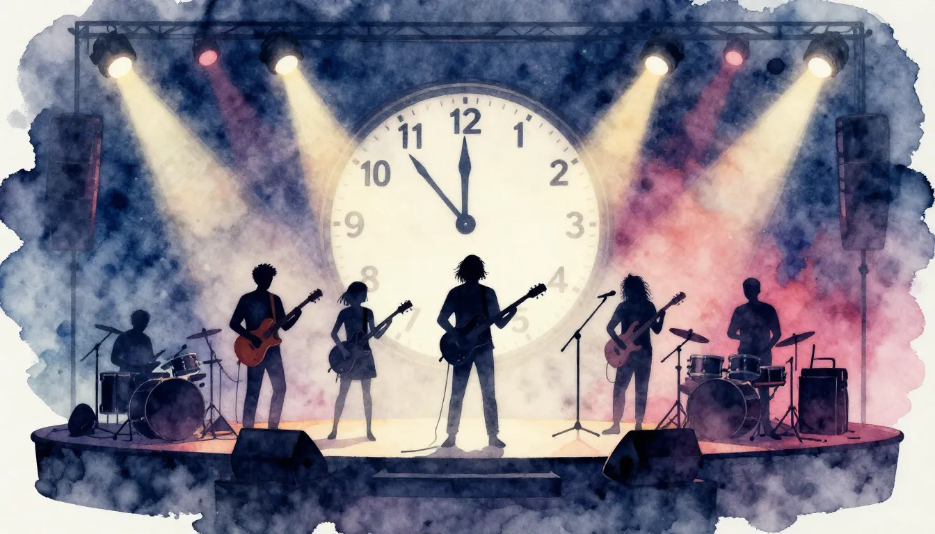 Watercolor style. A silhouette of a musical group on a small...